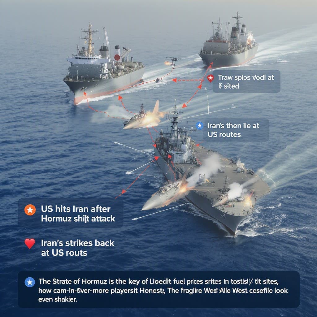 Illustration for US hits Iran after Hormuz ship attack, Iran strikes back at US sites
