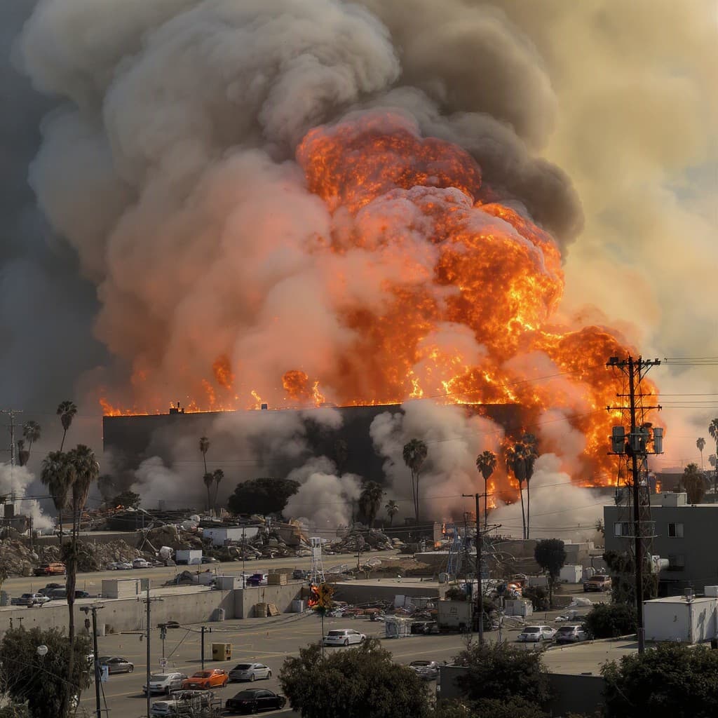 Illustration for Massive LA warehouse fire keeps burning, city declares emergency