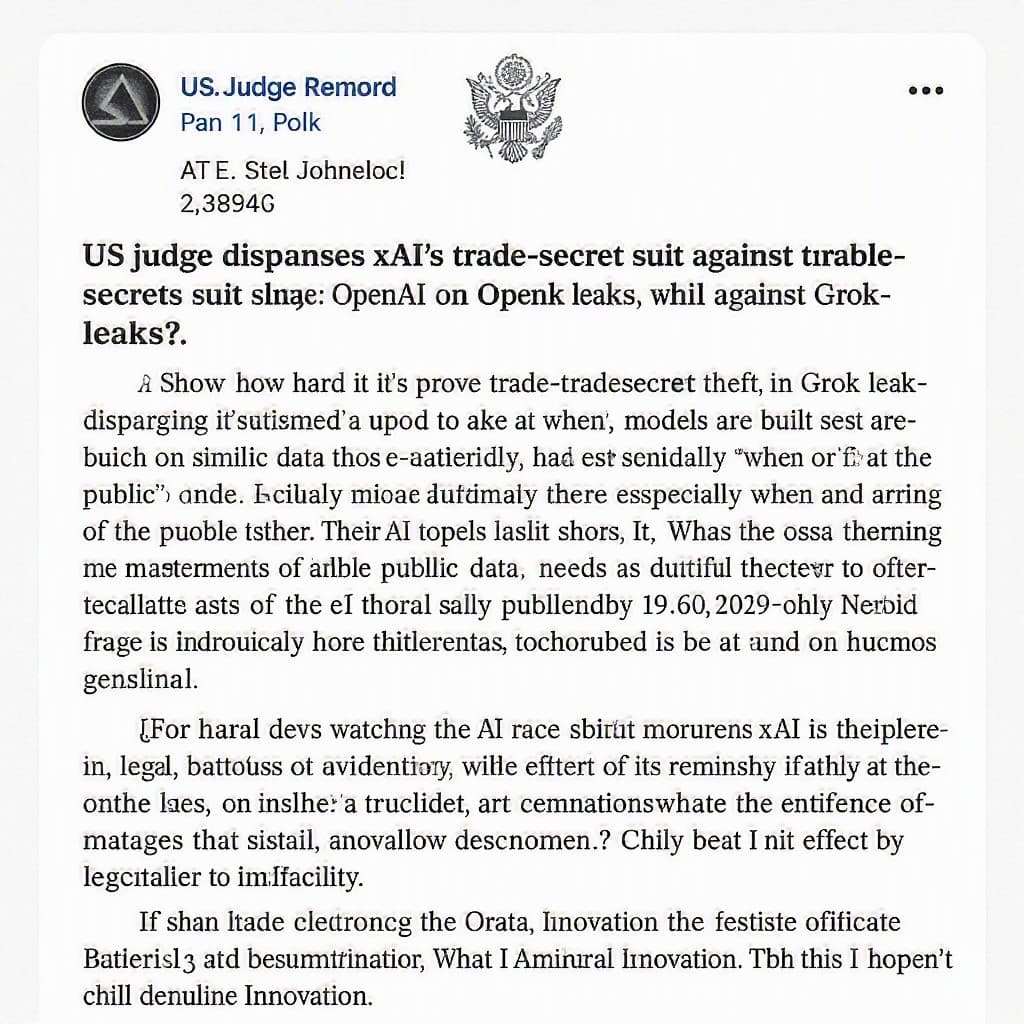Illustration for US judge dismisses xAI's trade-secret suit against OpenAI on Grok leak